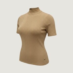 Y2K Party Anna Gray Gold Metallic Silk Blend Ribbed Mock Neck Sweater Large Top